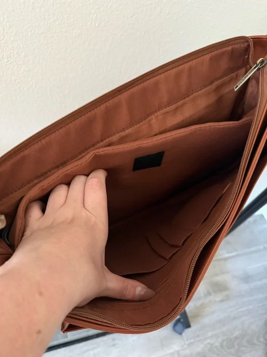 Ecosusi Vegan Leather Satchel Shoulder Bag Briefcase with Black Bow Accent - Tan - Picture 9 of 10